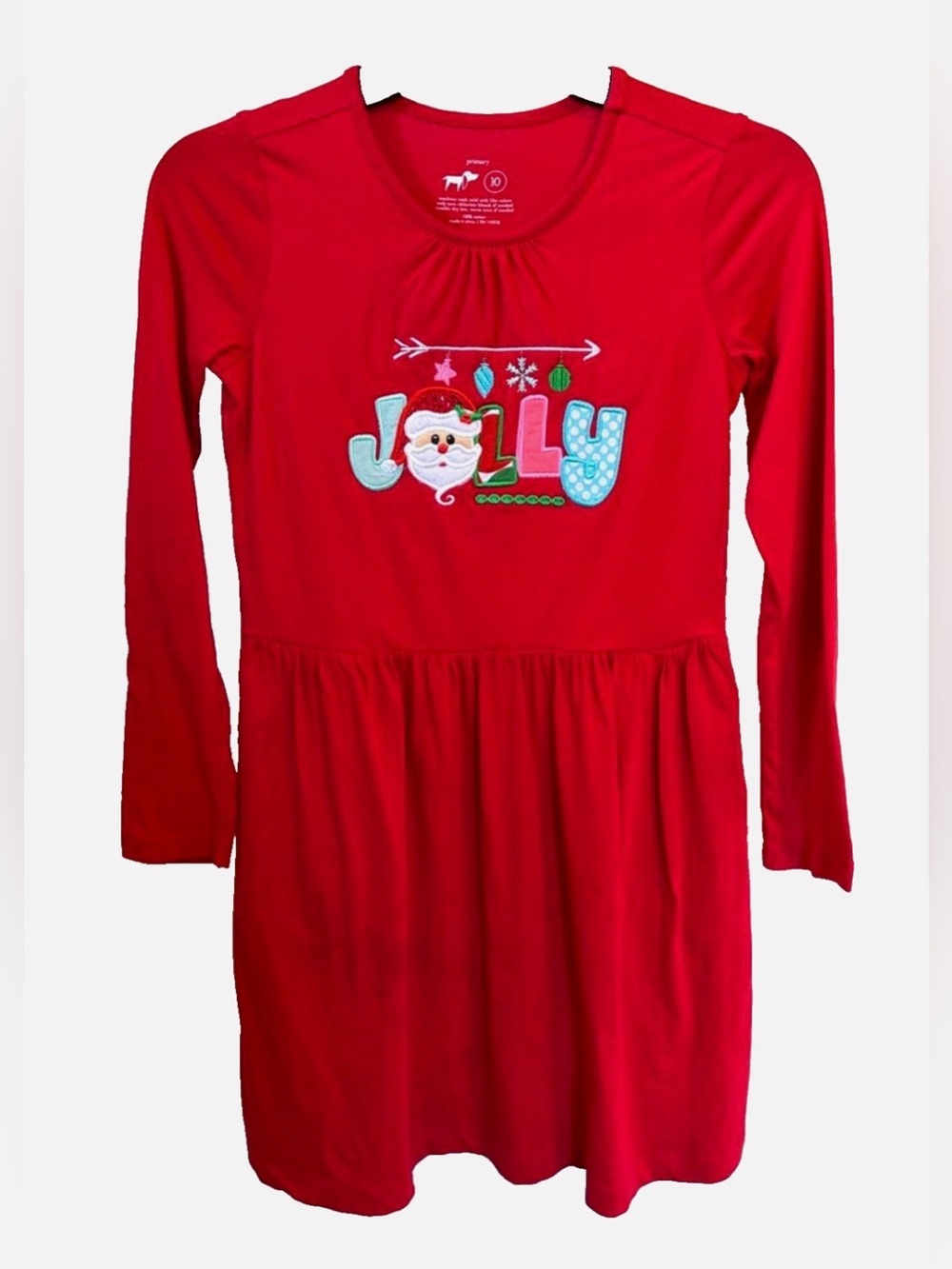 Primary Girls Christmas Dress 10 Red Santa Jolly Applique 100% Cotton